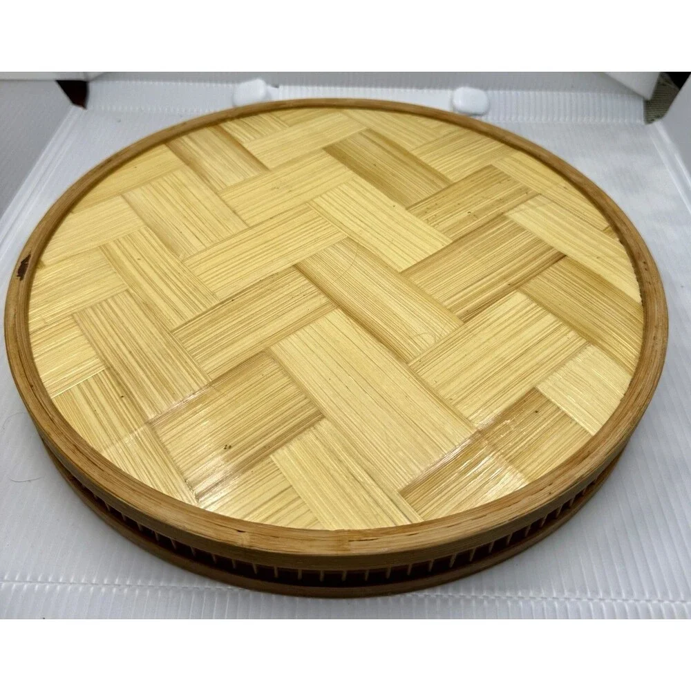 70's Round Bamboo Tray With Pressed Ferns & Butterfly Excellent Condition